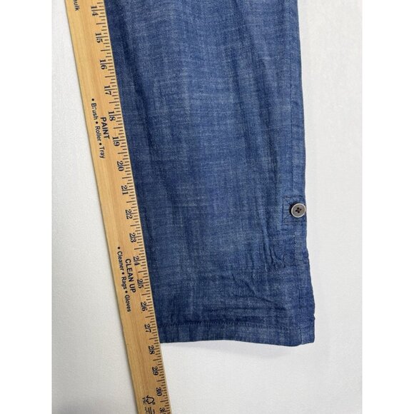 Talbots Signature Chambray Pants Womens 8 Blue Tie Button Waist Roll Tab Crop - Picture 8 of 9